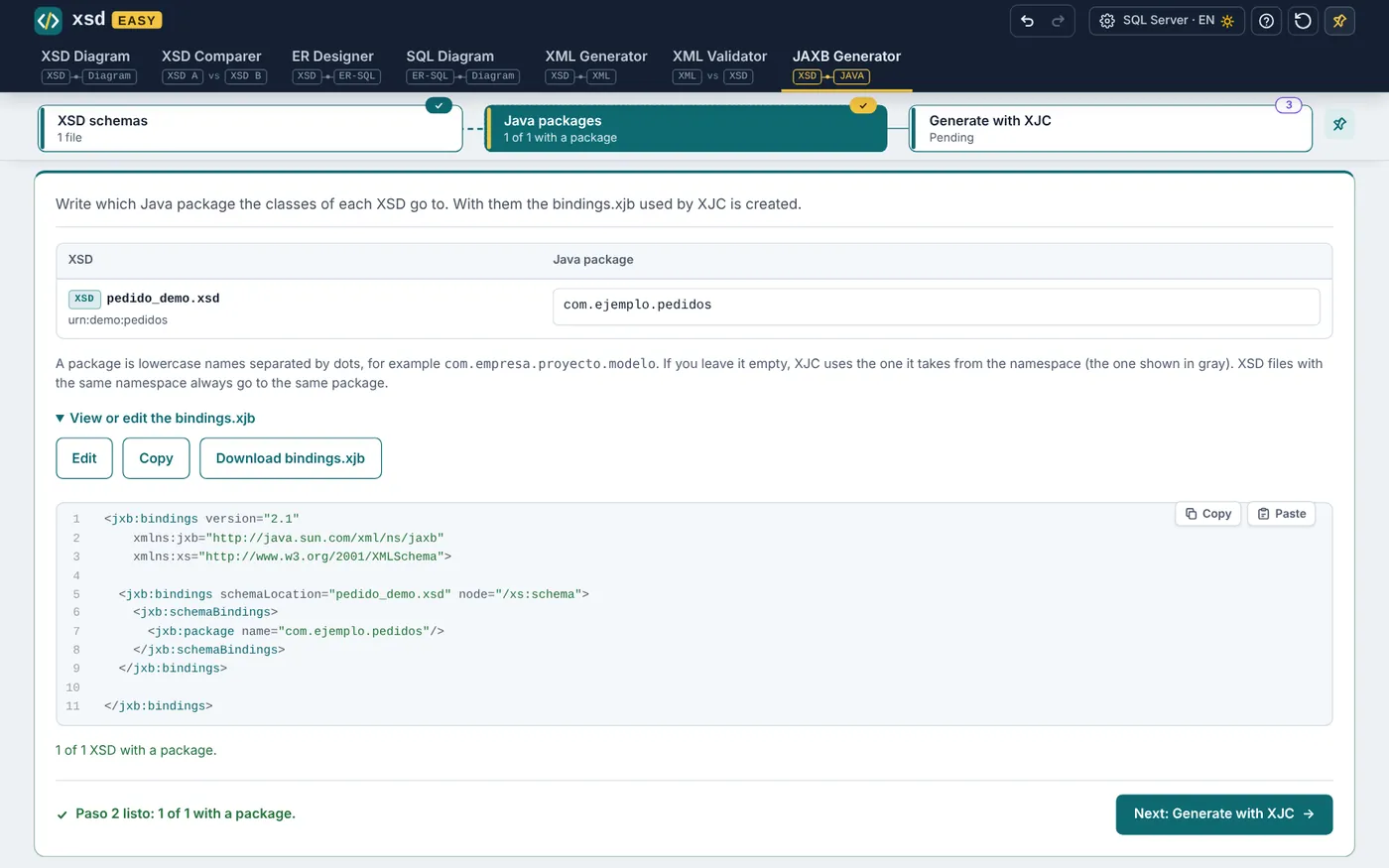Screenshot of JAXB Generator in XSD Easy